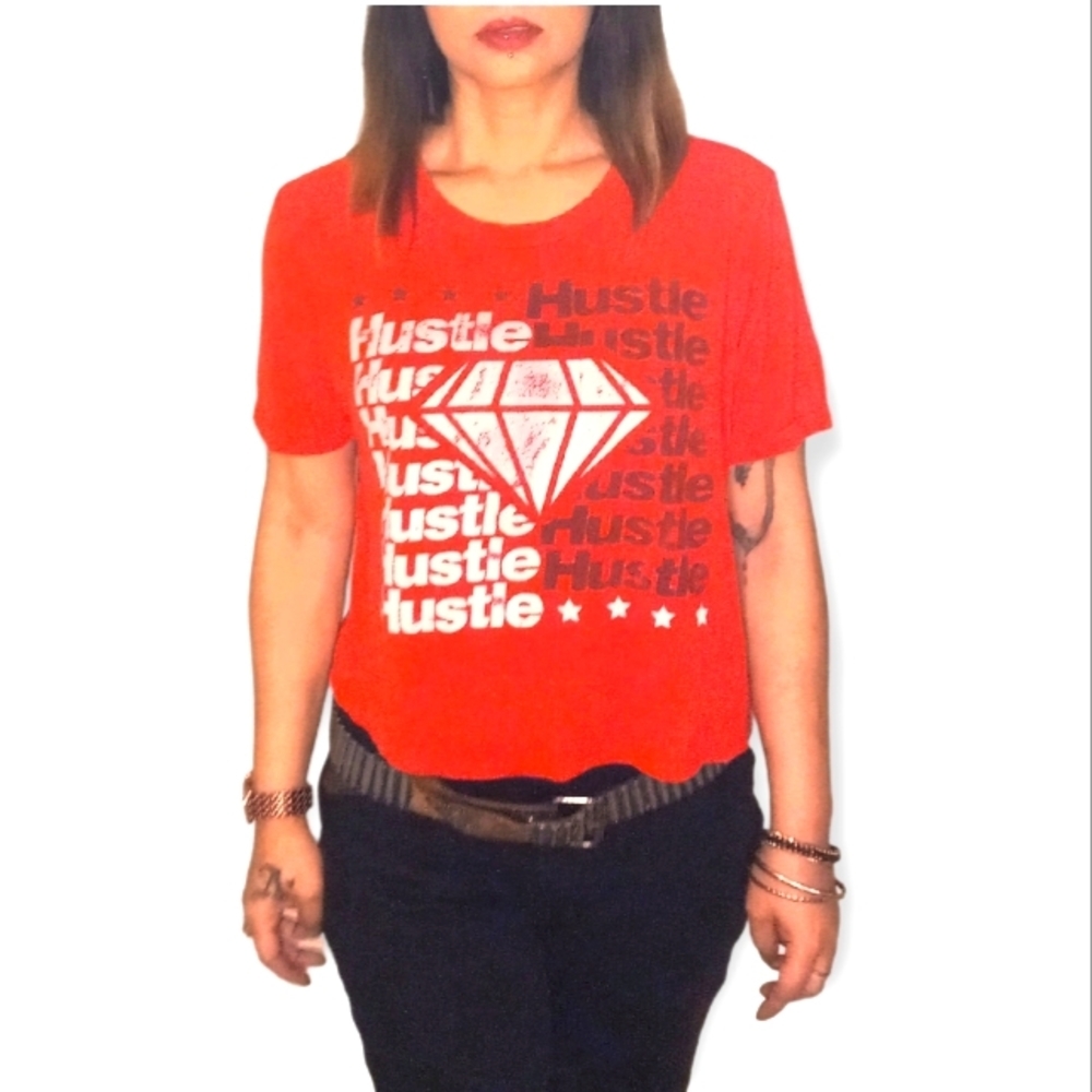 Raggs to Riches vintage graphic hustle T-shirt red and white, size medium.